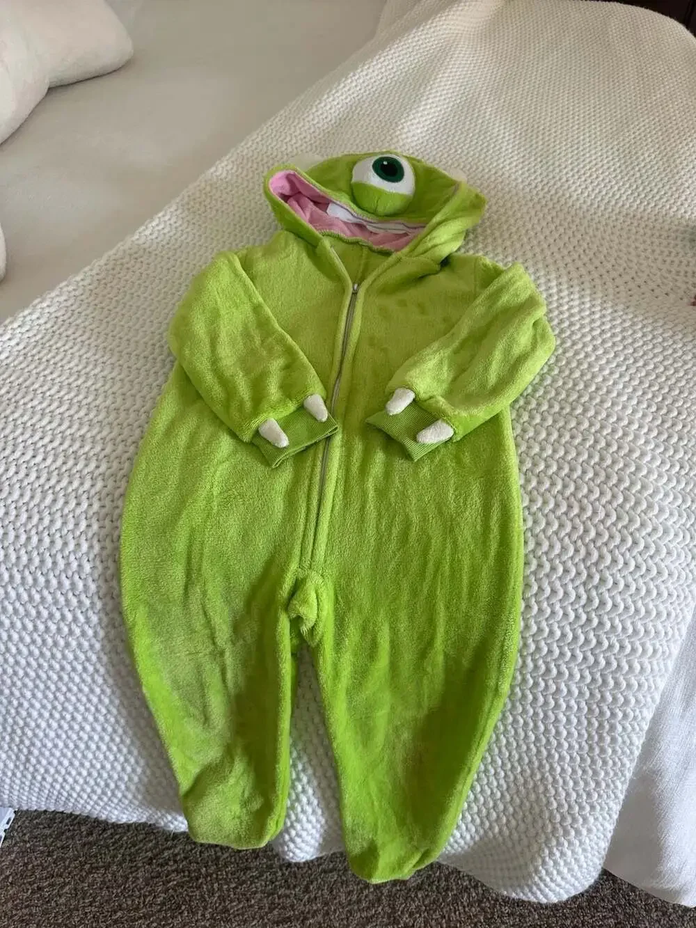 Disney Pixar Monsters Inc Mike Wazowski Fleece Hooded Jumpsuit Costume Size 7-8Y